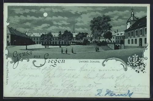 Mondschein-Lithographie Siegen, Unteres Schloss mit Passanten