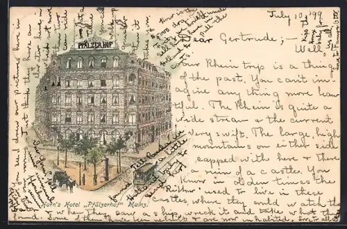 Lithographie Mainz, Horn`s Hotel Pfälzerhof mit Strassenbahn