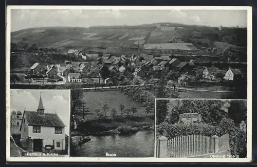 AK Boos / Nahe, Ortsansicht, Rathaus und Kirche, Denkmal 1914/18