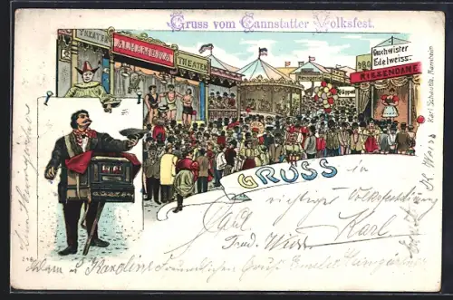 Lithographie Cannstatt, Leierkasten-Mann, Alhambra-Theater und Menagerie auf dem Cannstatter Volksfest