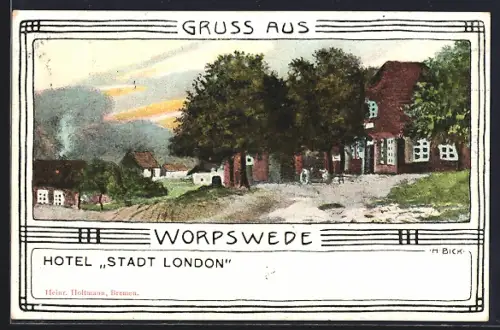 Künstler-AK Worpswede, Hotel Stadt London mit Ortspartie