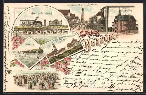 Vorläufer-Lithographie Borkum, 1894, Strandhotel u. Kaiserhof, Villa Stollberg und Strandstrasse