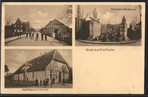 AK Eschede, Kriegerdenkmal, Kaufhaus E. v. d. Ohe und Strassenansicht