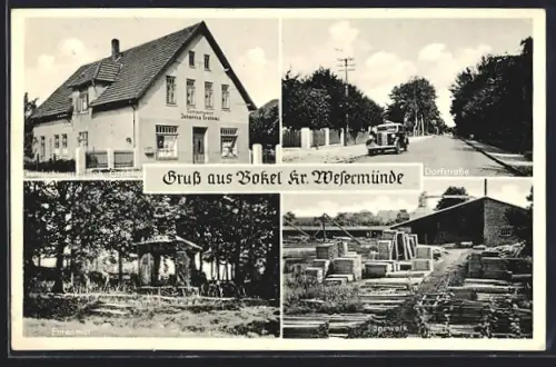 AK Bokel /Wesermünde, Geschäft von Johannes Grobbau, Dorfstrasse, Ehrenmal und Sägewerk