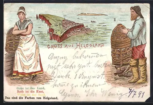 Lithographie Helgoland, Inselpanorama und Fischer mit Reusen