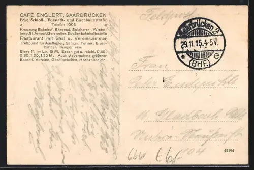 AK Saarbrücken, Café Englert Ecke, Schloss-, Vorstadt- und Eisenbahnstrasse