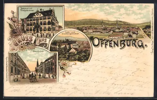 Lithographie Offenburg, Rathaus mit Drakedenkmal, Lehr- und Erziehungsanstalt, Bahnhofstrasse