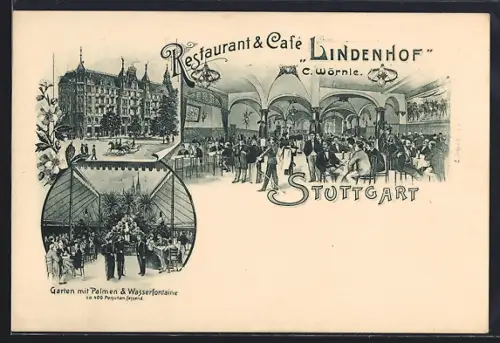 Lithographie Stuttgart, Restaurant & Café Lindenhof, Bes. C. Wörnle, Garten mit Palmen & Wasserfontaine