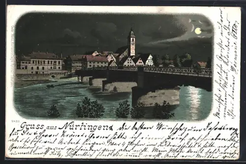 Lithographie Nürtingen, Stadtansicht mit Brücke bei Nacht