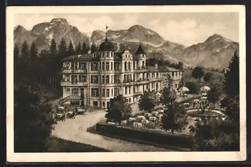 Künstler-AK Berchtesgaden-Stangass, Cafe Schönfeldspitze mit Terrassen, Inh. J. u. M. Langmaier