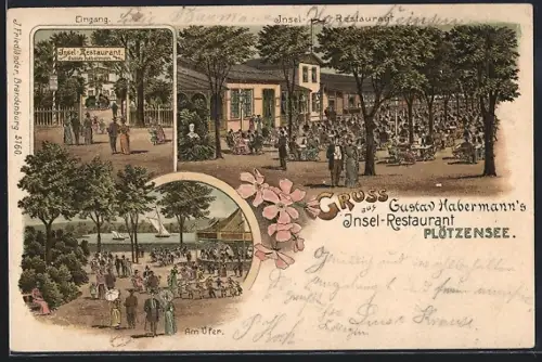 Lithographie Berlin-Wedding, Insel-Restaurant Plötzensee, Inh. Gustav Habermann, Aussenansicht, Ufer, Eingang