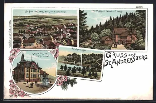 Lithographie St. Andreasberg, Gasthaus, Rehberger Grabenhaus, Teichanlagen, Kaiserliches Postamt mit Denkmal