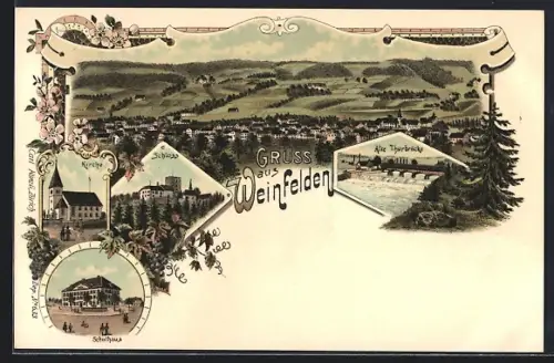 Lithographie Weinfelden, Totalansicht, Schloss, Kirche, Schule