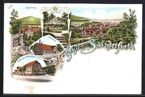 Lithographie Salzdetfurth, Hotel zum Kronprinz und Badehaus, Ortsansicht mit Logirhaus