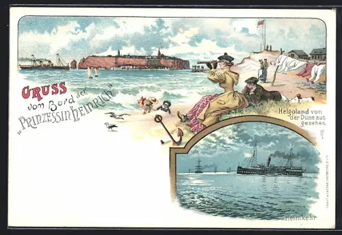 Lithographie Helgoland, Teilansicht von der Düne aus gesehen, Heimkehr des Dampfers Prinzessin Heinrich