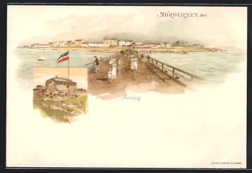 Lithographie Norderney, Blick über den Seesteg auf die Insel
