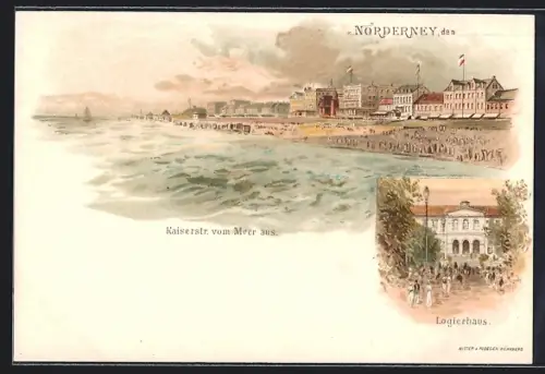 Lithographie Norderney, Blick auf die Kaiserstrasse, Logierhaus