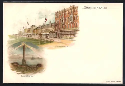 Lithographie Norderney, Leuchtturm, Kaiserstrasse