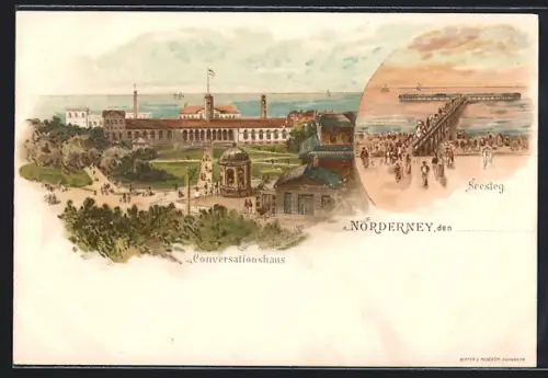 Lithographie Norderney, Conversationshaus, Seesteg mit Passanten