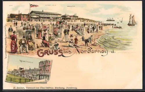 Lithographie Norderney, Seehospiz, Victoria-Halle, Marienhöhe, Strandkörbe