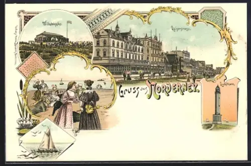 Lithographie Norderney, Kaiserstrasse, Gasthaus Wilhelmshöhe, Strand, Leuchtturm