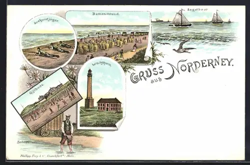 Lithographie Norderney, Gasthaus Giftbude, Leuchtturm, Damenstrand, Seehundjäger, Segelboote