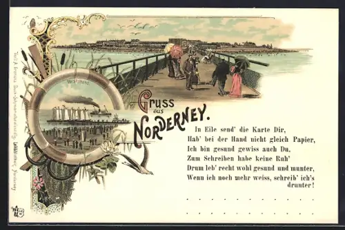 Lithographie Norderney, Weststrand, Besucher, Schiffe