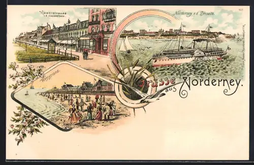 Lithographie Norderney, Hotel Falk, Dampfer Najade, Weststrand