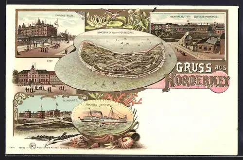 Lithographie Norderney, Kaiserstrasse, Postamt, Schiff Prinzessin Heinrich, Muscheln