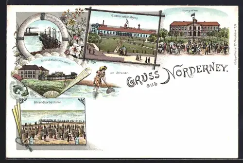 Lithographie Norderney, Conversationshaus, Kurgarten, Landungsbrücke, Dampfer
