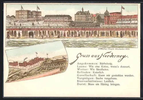 Lithographie Norderney, Blick vom Wasser auf die Uferpromenade