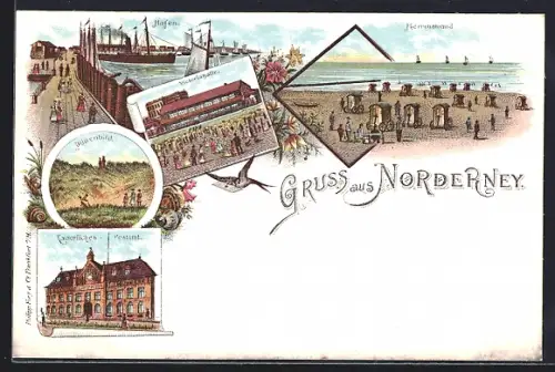 Lithographie Norderney, Hafen, Victoriahalle, Herrenstrand und Kaiserliches Postamt