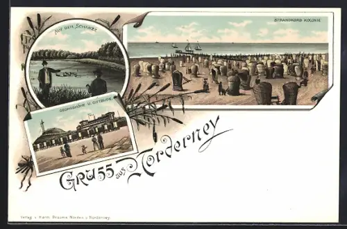Lithographie Norderney, Auf der Schanze, Georghöhe u. Giftbude und Strandkorb Kolonie