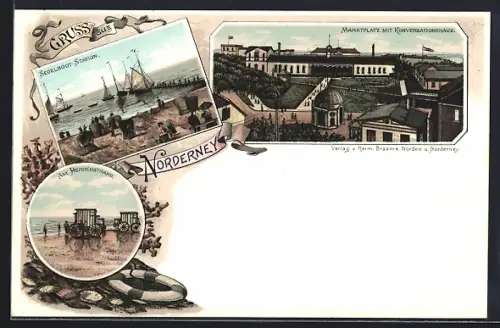 Lithographie Norderney, Marktplatz mit Konversationshaus, Am Hafenstrand und Segelboot-Station