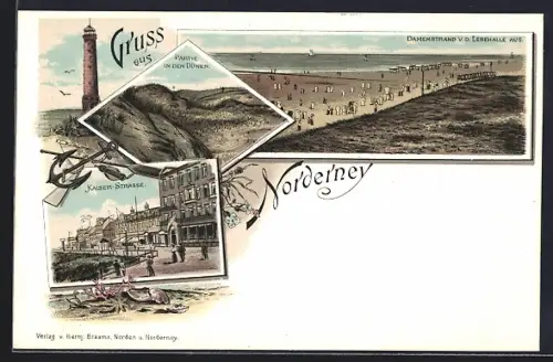 Lithographie Norderney, Damenstrand von der Lesehalle aus, Kaiser-Strasse und Partie in den Dünen