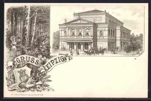 Lithographie Leipzig, Waldpartie mit Paar, Gesamtansicht Gebäude mit Pferdekutsche, Wappen mit Harfe