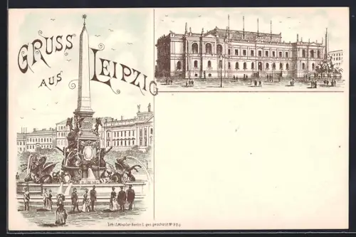 Lithographie Leipzig, Mendebrunnen mit Besuchern und Museum mit Mendebrunnen