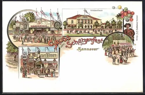 Lithographie Hannover, Schützenfest mit Schaustellerbuden und Schützenhaus