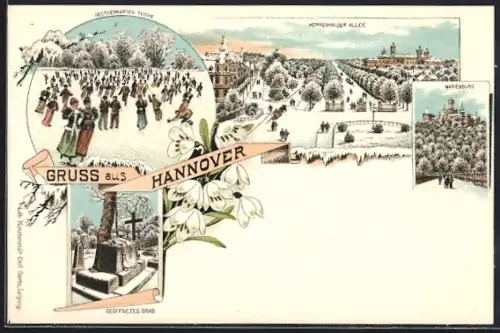 Winter-Lithographie Hannover, Marienburg, Herrenhauser Allee und Georgengarten Teiche