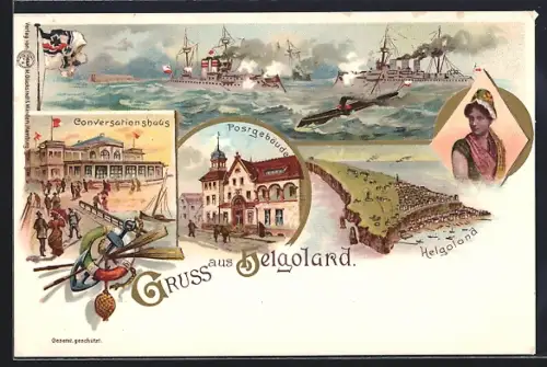 Lithographie Helgoland, Postgebäude, Conversationshaus, Kriegsschiffe auf dem Meer