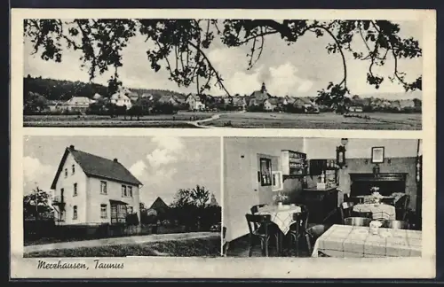 AK Merzhausen / Taunus, Panorama und Gaststätte Schöne Aussicht mit Innenansicht