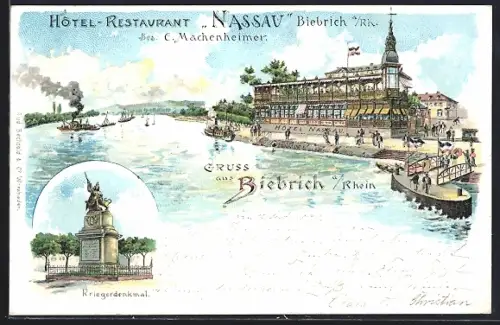 Lithographie Biebrich / Rhein, Kriegerdenkmal, Hotel-Restaurant Nassau