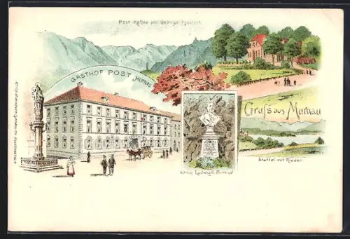 Lithographie Murnau / Staffelsee, Gasthof Post, Post-Keller mit Gebirge und KönigLudwig II. Denkmal