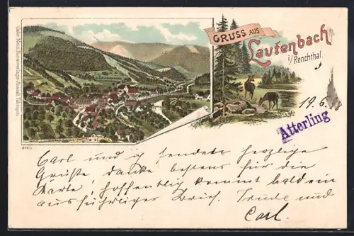 Lithographie Lautenbach i. Renchthal, Ortsansicht mit Landschaft, Waldpartie mit grasenden Rehen