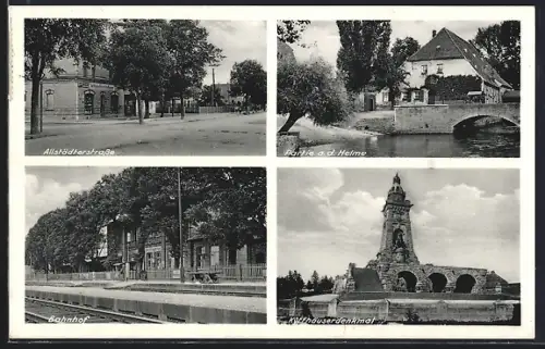 AK Oberröblingen /Helme, Bahnhof, Allstädterstrasse und Kyffhäuserdenkmal
