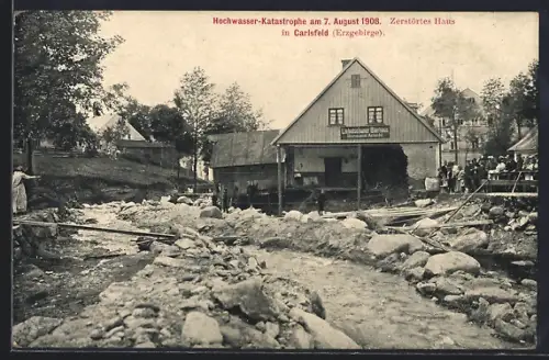 AK Carlsfeld / Erzgeb., Hochwasser-Katastrophe am 7.8.1908, Zerstörtes Haus
