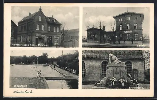 AK Anderbeck, Bahnhof, Geschäfshaus Rudolf Kahmann und Kriegerdenkmal