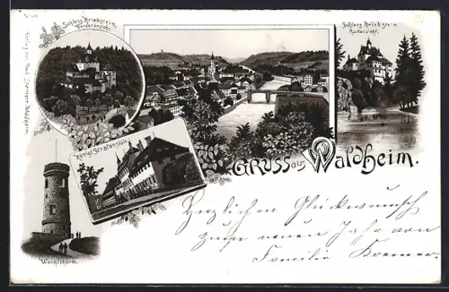Vorläufer-Lithographie Waldheim / Sachsen, 1894, Wachthurm, Schloss Kriebstein und königl. Strafanstalt