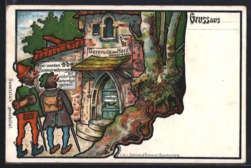 Lithographie Gernrode am Harz, Wandervögel vor einer Pension