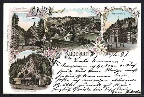 Lithographie Rübeland, Höhlenmuseum, Felsen mit Bären, Bahnhof